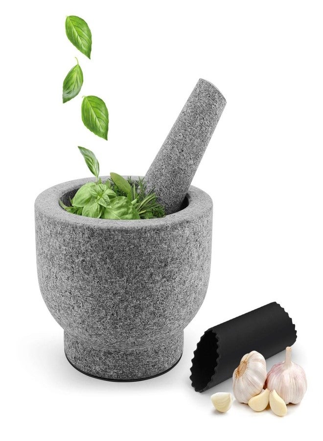 Flexzion Granite Mortar and Pestle Set, 2 Cup Molcajete Stone Grinding Bowl, Thai Herb Crushing Bowl with Garlic Peeler and Non-Stick Mat for Guacamole, Herbs, and Spices Crusher Grinder Masher, Gray - Image 1