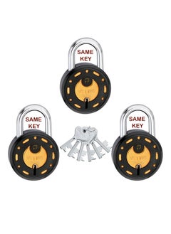 Azco Round Locks 65mm 6 Same Keys with 3 Padlocks 8 Levers Double Locking Lock and Key for Home Door Shop Gate Office Locker Black Gold Finish Pack of 3