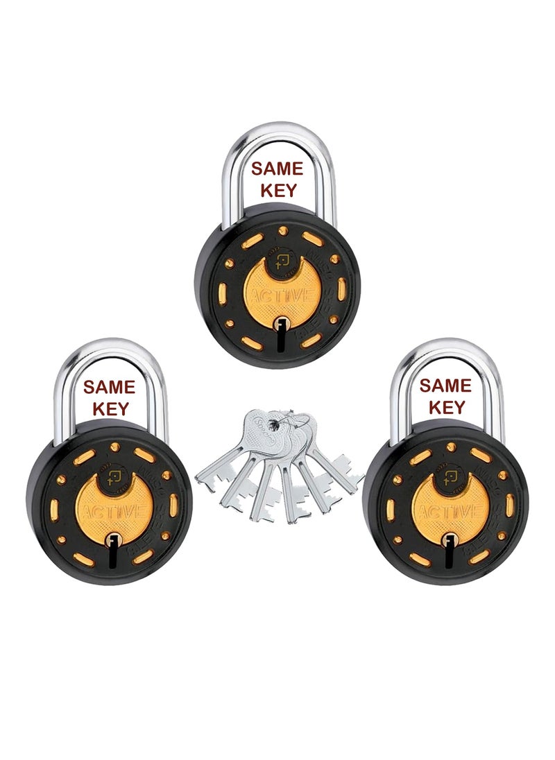 ONEPRO Azco Round Locks 65mm 6 Same Keys with 3 Padlocks 8 Levers Double Locking Lock and Key for Home Door Shop Gate Office Locker Black Gold Finish Pack of 3  - Image 1