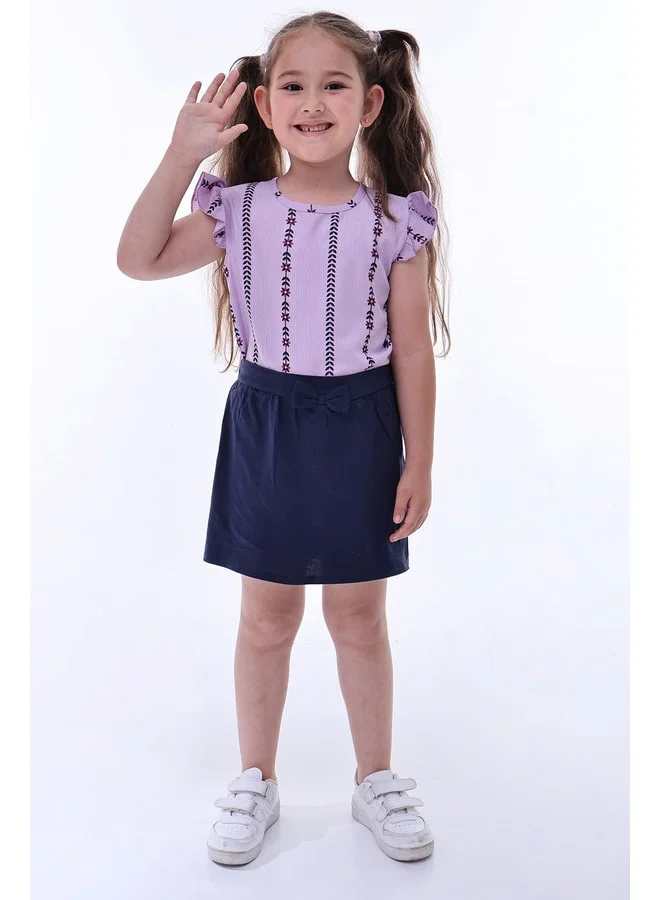 zuzunga Bürümcük Fabric Flower-Patterned Ruffled Sleeve Bow-Detail Girls' Shorts and Skirt Set