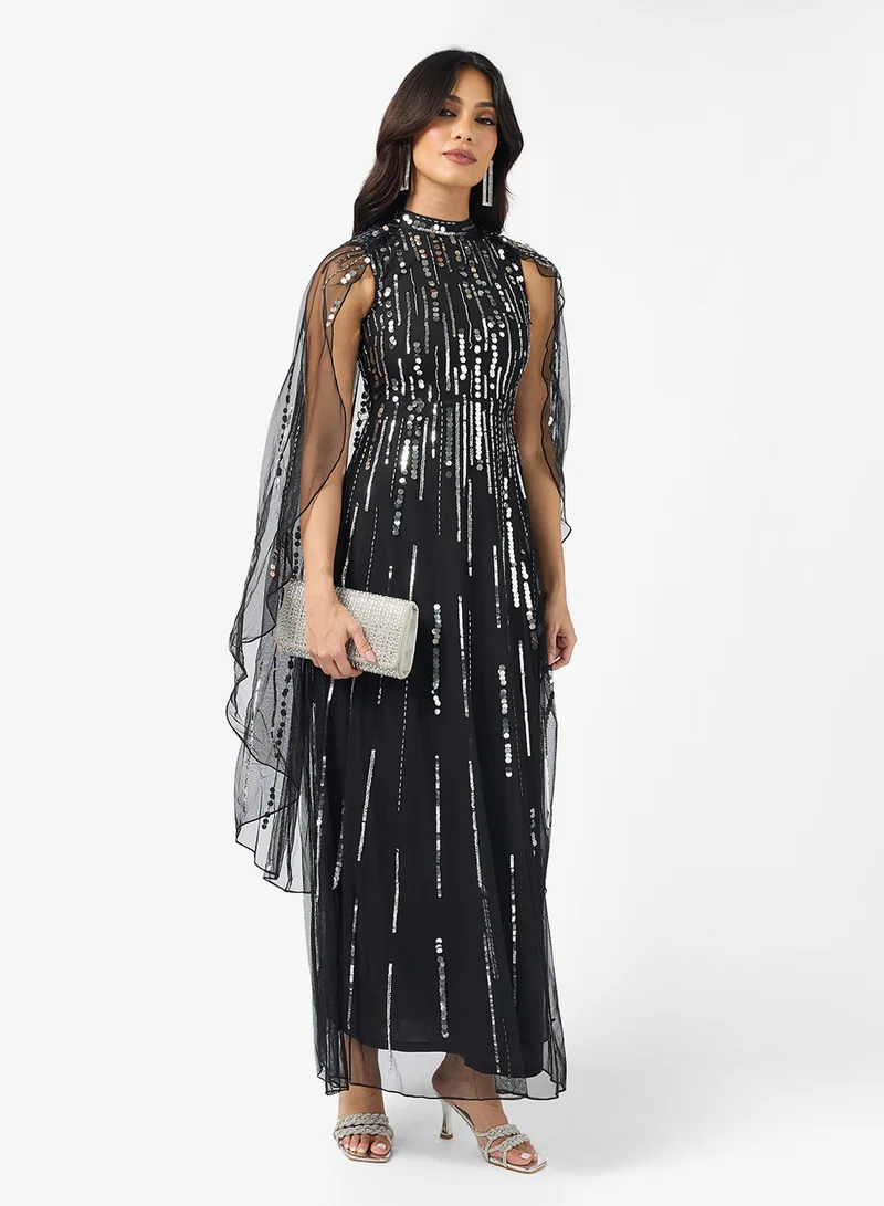 Amelia Rose Cape Sleeve Sequin Tiered Maxi Dress