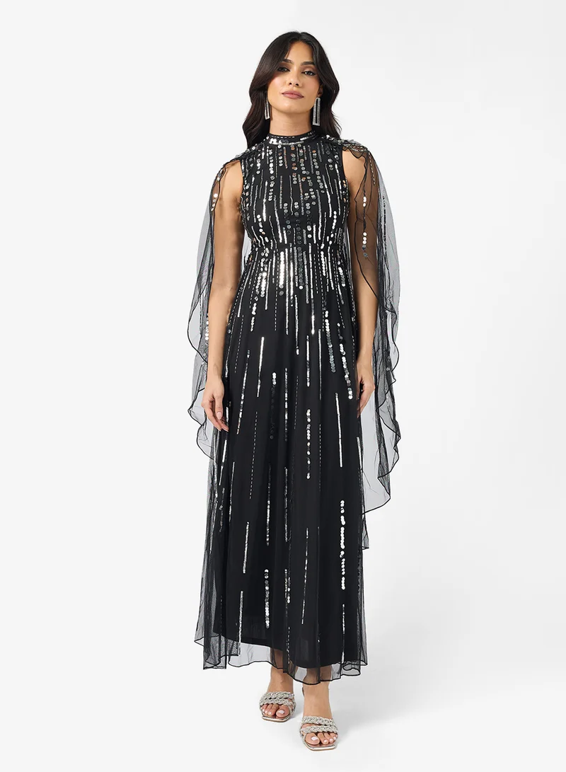Amelia Rose Cape Sleeve Sequin Tiered Maxi Dress