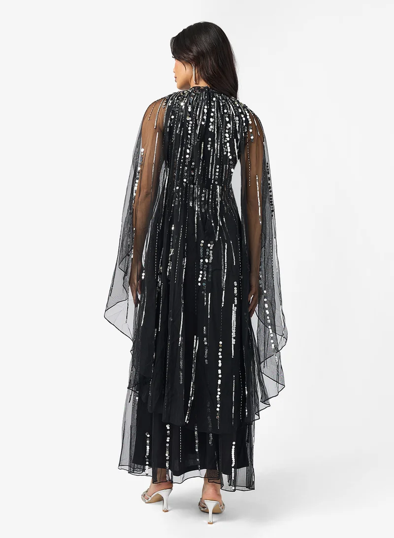 Amelia Rose Cape Sleeve Sequin Tiered Maxi Dress
