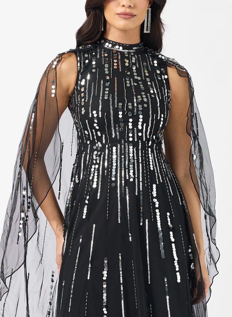 Amelia Rose Cape Sleeve Sequin Tiered Maxi Dress