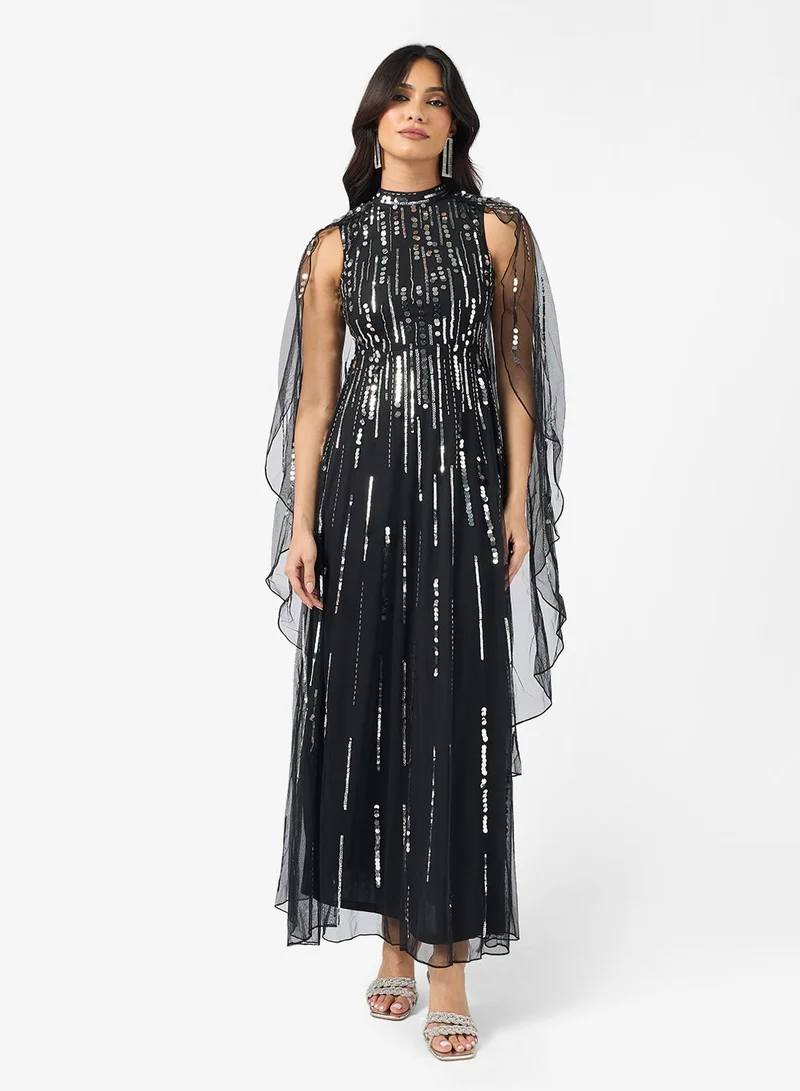 Cape Sleeve Sequin Maxi Dress