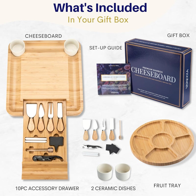 VAREZZA Large Charcuterie Boards Gift Set: Bamboo Cheese Board and Knife Set, Cheese Tray- Unique for Mom, 10 Host Accessories, House Warming, Christmas Gifts New Home, Wedding Gifts for Couple - Image 3