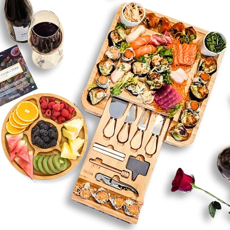 VAREZZA Large Charcuterie Boards Gift Set: Bamboo Cheese Board and Knife Set, Cheese Tray- Unique for Mom, 10 Host Accessories, House Warming, Christmas Gifts New Home, Wedding Gifts for Couple - Image 1