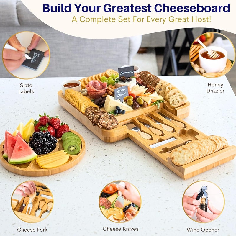 VAREZZA Large Charcuterie Boards Gift Set: Bamboo Cheese Board and Knife Set, Cheese Tray- Unique for Mom, 10 Host Accessories, House Warming, Christmas Gifts New Home, Wedding Gifts for Couple - Image 4