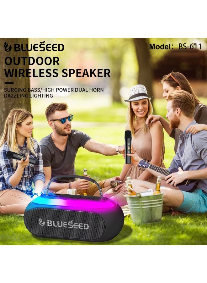 BLUESEED BS-611 Outdoor Wireless Speaker, Bluetooth Speaker with Wireless Microphone, USB/TF Card Support, 50Hz-20KHz Frequency, 10m Range, DC5V, RGB LED Lights, Black - Image 2