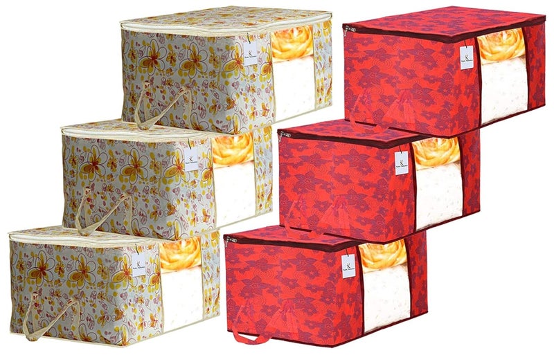 Kuber Industries Metalic Printed 6 Piece Non Woven Fabric Underbed Storage BagCloth OrganiserBlanket Cover with Transparent Window Ivory Red Red CTKTC41141 - Image 1