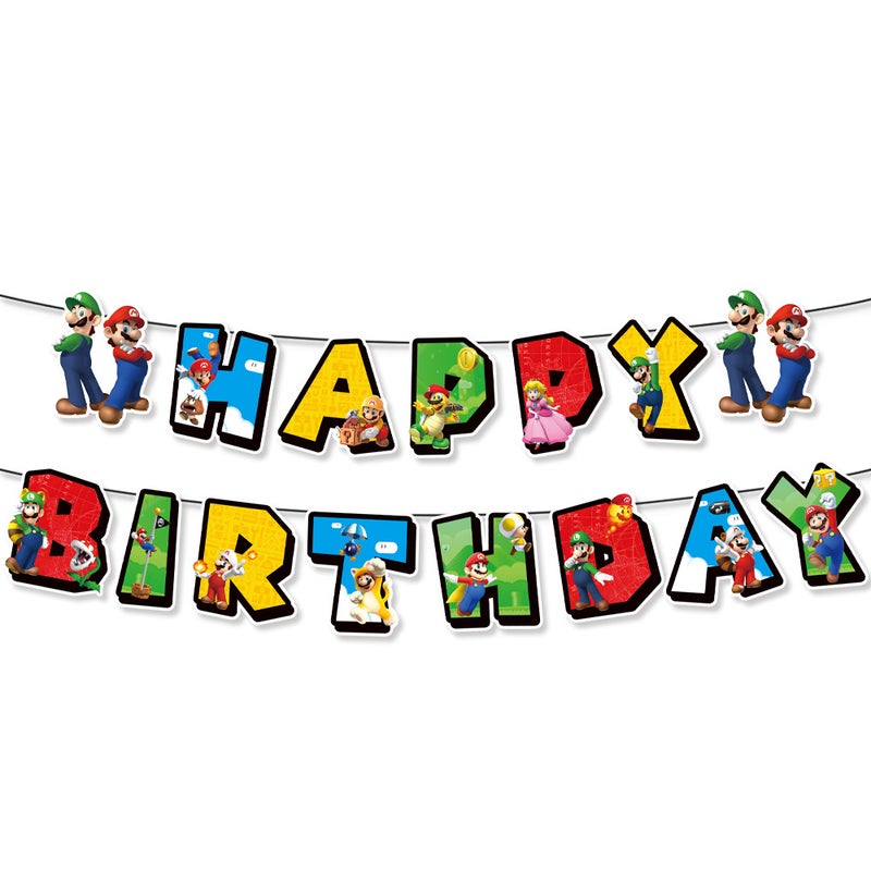 New Blue Mario Theme Birthday Party Decor Pull the flag 1p-Blue Mario 
