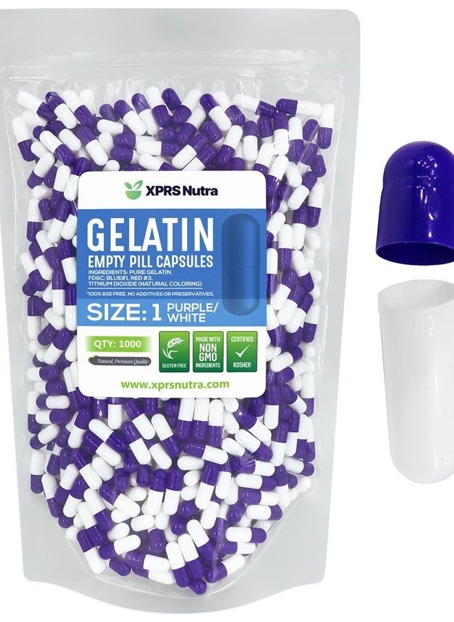 XPRS Nutra - Size 1 Empty Capsules - 1000 Count Empty Gelatin Capsules - Empty Pill Capsules - DIY Capsule Filling - Pure Bovine Pill Capsules Empty Gel Caps (Purple/White) - Image 1