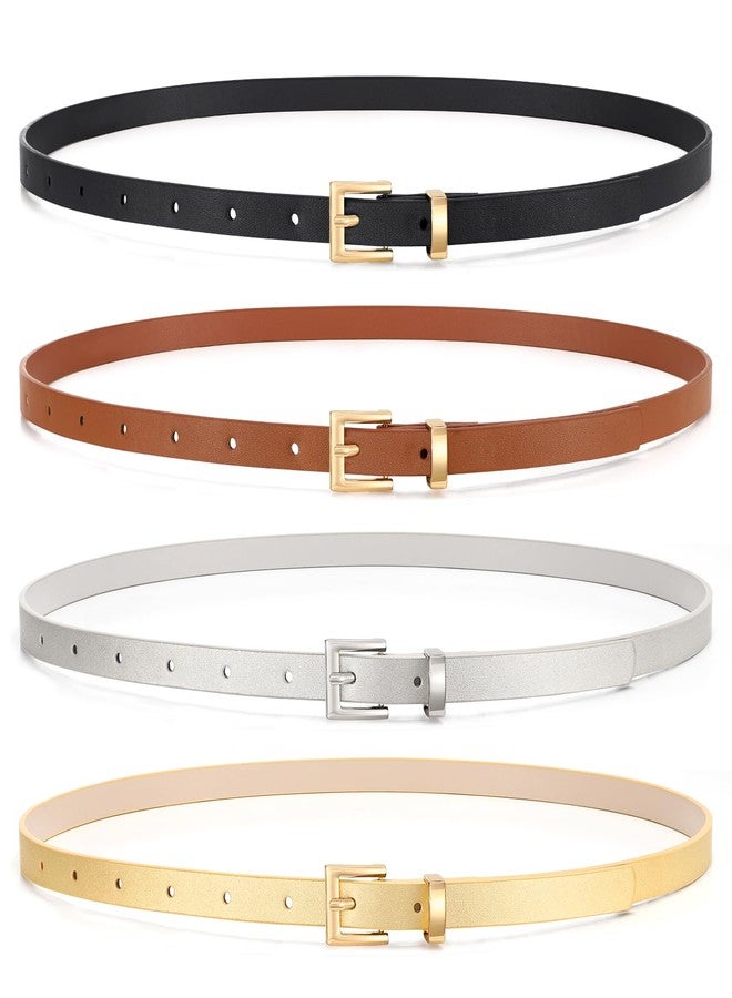 WHIPPY Set of 4 Women Skinny Belts Thin Leather Waist Belt with Alloy Pin Buckle for Pants Jeans Dresses, Black/Brown/Gold/Silver,Fits Waist 32"-36" - Image 1