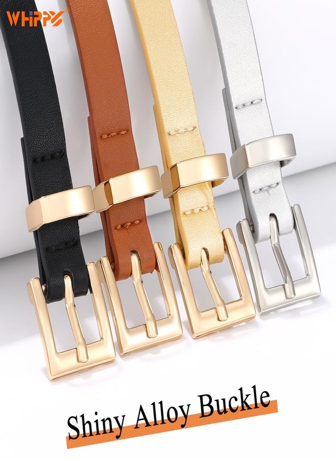 WHIPPY Set of 4 Women Skinny Belts Thin Leather Waist Belt with Alloy Pin Buckle for Pants Jeans Dresses, Black/Brown/Gold/Silver,Fits Waist 32"-36" - Image 4