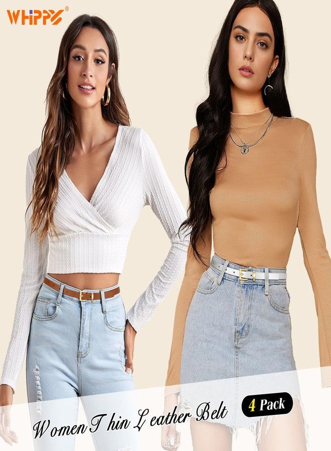 WHIPPY Set of 4 Women Skinny Belts Thin Leather Waist Belt with Alloy Pin Buckle for Pants Jeans Dresses, Black/Brown/Gold/Silver,Fits Waist 32"-36" - Image 3