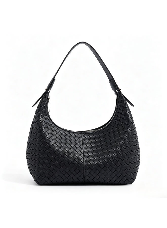 Woven PU Leather Hobo Bag for Women, Lightweight 0.62 lbs Crescent Shoulder Purse with Zipper Closure, Minimalist Everyday Armpit Handbag for Work, Travel & Casual Daily Use - Image 1