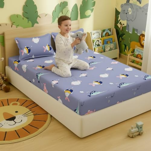 Filymore Kids bedsheets for Double Bed Made with Microfiber 240 TC Wrinkle Free Soft | Cute Fish bedsheet for Kids Queen Size (90x90 Inches/Boys Girls Room)(Purple) - Image 3