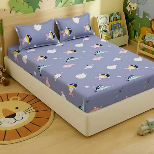 Filymore Kids bedsheets for Double Bed Made with Microfiber 240 TC Wrinkle Free Soft | Cute Fish bedsheet for Kids Queen Size (90x90 Inches/Boys Girls Room)(Purple) - Image 1