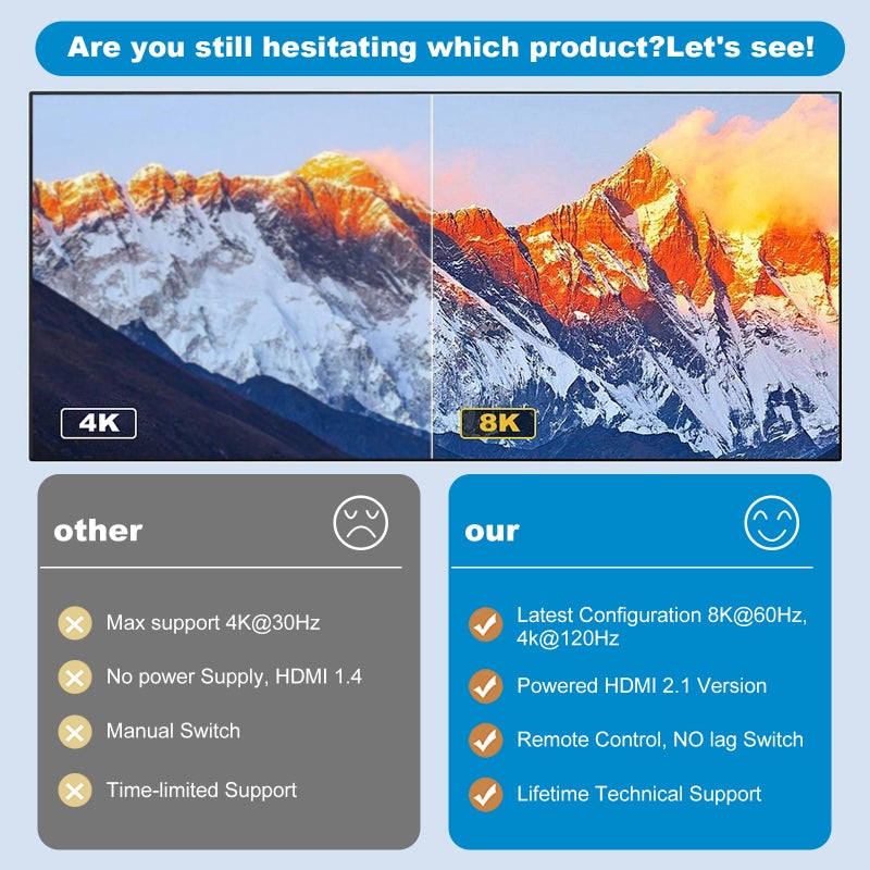 مبدل HDMI 8K 3 مدخلات 1 مخرج: عرض نطاق ترددي 48 جيجابت في الثانية، يدعم 8K@60 هرتز و4K@120 هرتز - التحكم عن بعد بالأشعة تحت الحمراء والتحكم من سطح المكتب - توصيل واستخدام فوري، بدون تأخير في الإشارة، منتقي HDMI أسود لمنازل السينما، الألعاب، غرف الاجتماعات في المكاتب - Image 5
