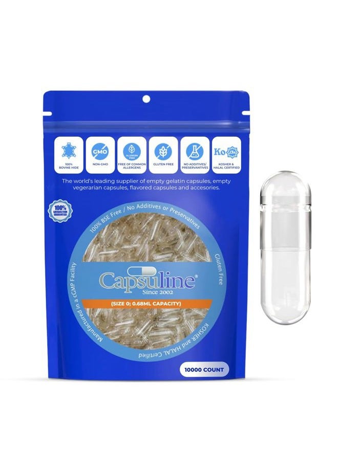 Capsuline Size 0 Empty Gelatin Capsules, Clear - 10000 Count | Gluten Free, Kosher, Non-GMO Certified | Pure Bovine Pill Caps for DIY Supplement Filling  - Image 1
