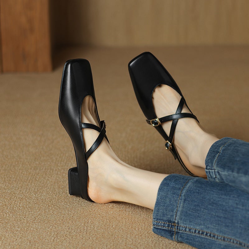 Summer 2025 Chinese And British Style Square Head 32-43 Size Cross Buckle Slippers - Image 5