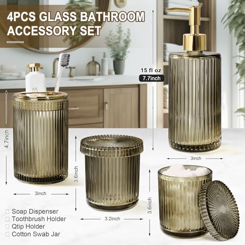KASUNTING Brown Glass Bathroom Accessories 4 Pcs, Brown Bathroom Set, Soap Dispenser and Toothbrush Holder Set, Qtip Holder Set, Vintage Bathroom Sink Set, Modern Bathroom Decor - Image 2