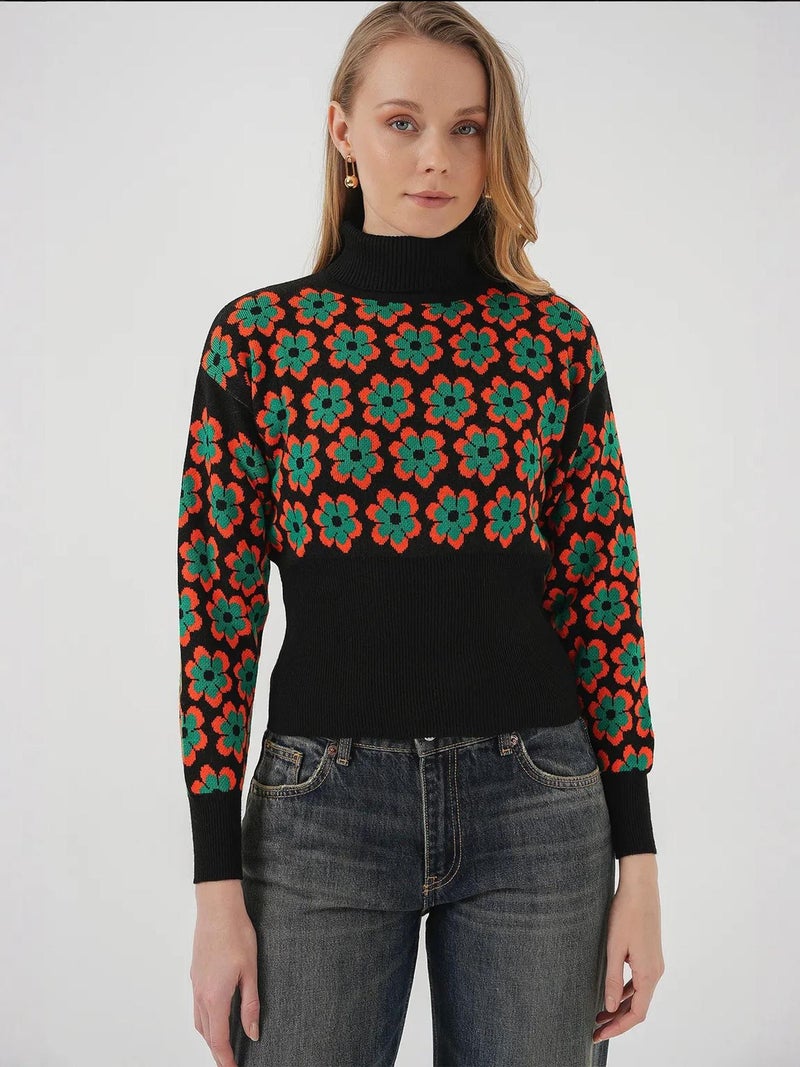 BIG DART BDART Fitted Turtleneck Cropped Sweater with Flower Pattern - Image 3