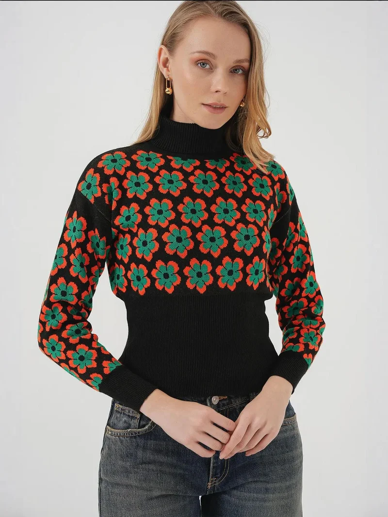 بيغ دارت BDART Fitted Turtleneck Cropped Sweater with Flower Pattern