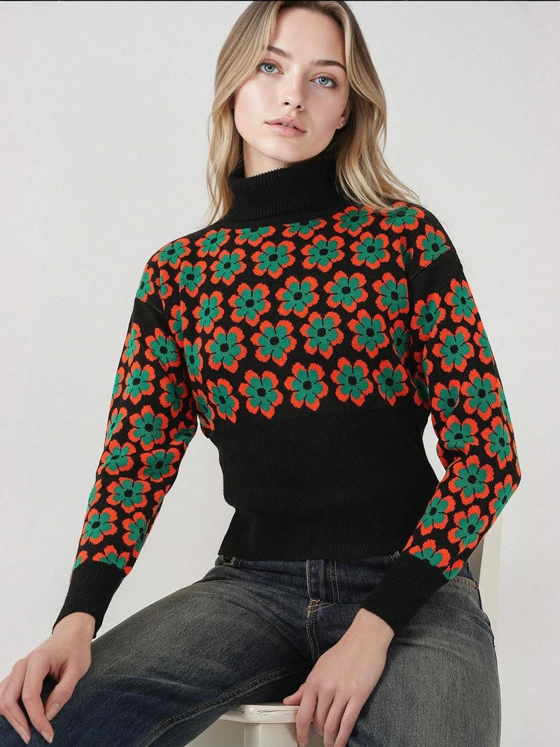 BIG DART BDART Fitted Turtleneck Cropped Sweater with Flower Pattern - Image 4