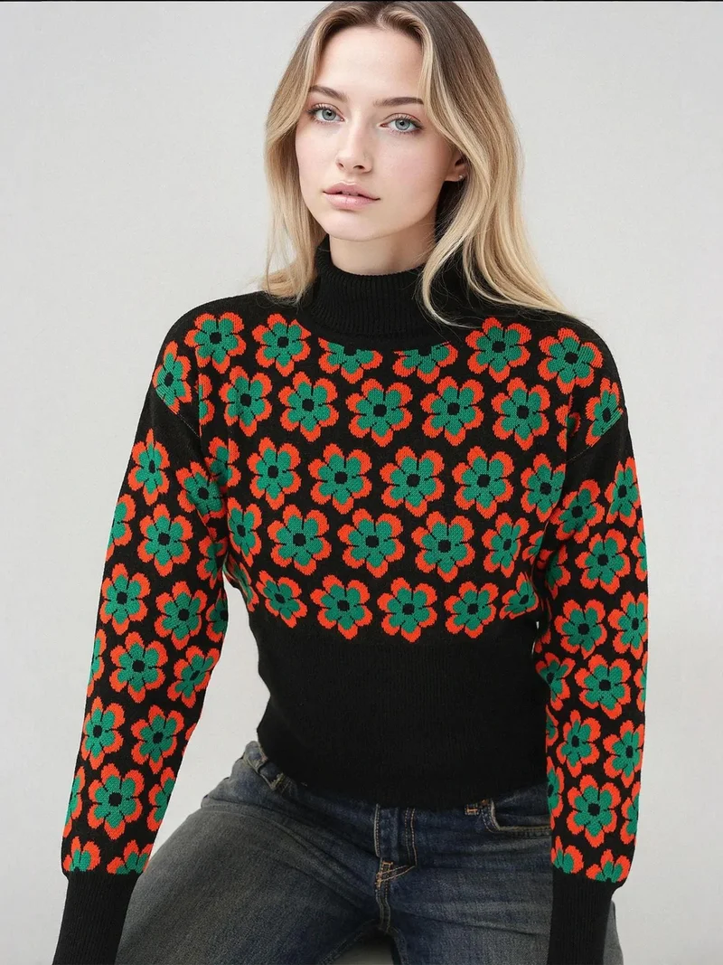 بيغ دارت BDART Fitted Turtleneck Cropped Sweater with Flower Pattern