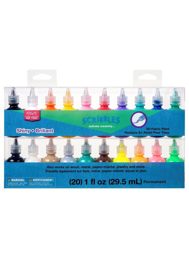 Scribbles Bulk Buy: Scribbles Shiny 3D Paint - Pack of 20 Ultra Bright, Nontoxic & Permanent Dimensional Paints for Fabrics, T-shirts, Backpacks, Posters, Glass, Wood and More, 1 Fl Oz (Pack of 20)  - Image 1