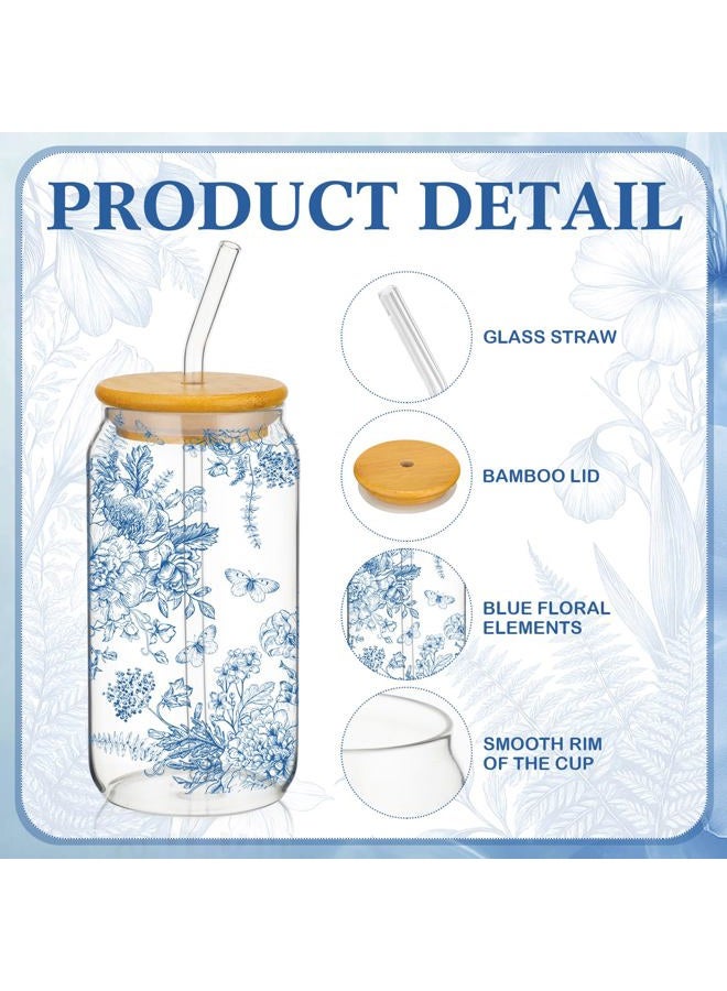 Cunhill 4 Pcs Employee Appreciation Gifts Iced Coffee Cup with Bamboo Lid and Straw 16oz Glasses Beer Can Cup for Birthday Gift Women Teacher Employee Coworker(Retro Blue Flowers) - Image 4