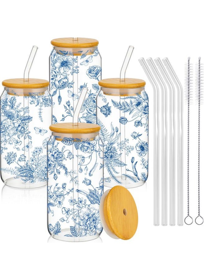 Cunhill 4 Pcs Employee Appreciation Gifts Iced Coffee Cup with Bamboo Lid and Straw 16oz Glasses Beer Can Cup for Birthday Gift Women Teacher Employee Coworker(Retro Blue Flowers) - Image 1