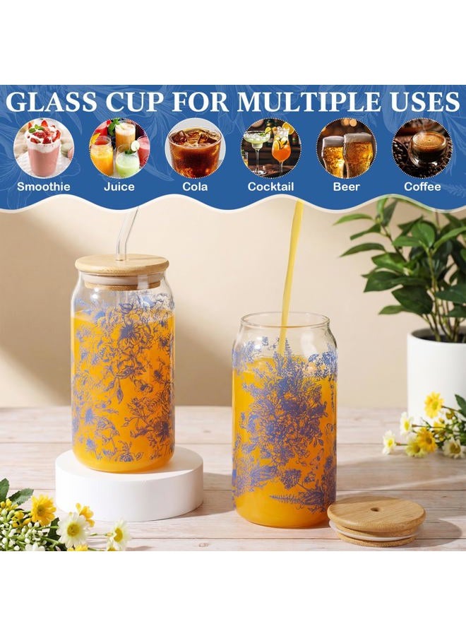 Cunhill 4 Pcs Employee Appreciation Gifts Iced Coffee Cup with Bamboo Lid and Straw 16oz Glasses Beer Can Cup for Birthday Gift Women Teacher Employee Coworker(Retro Blue Flowers) - Image 5