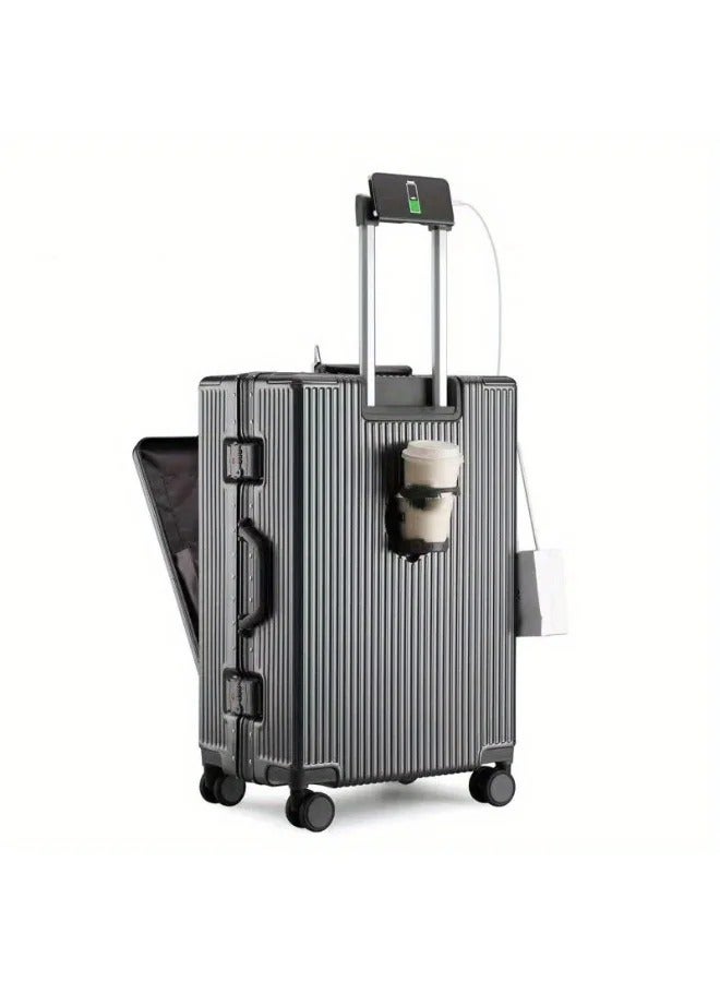 Multifunctional Aluminum Frame Luggage Suitcase Set Features USB Mobile Phone Holder and Cup Holder
