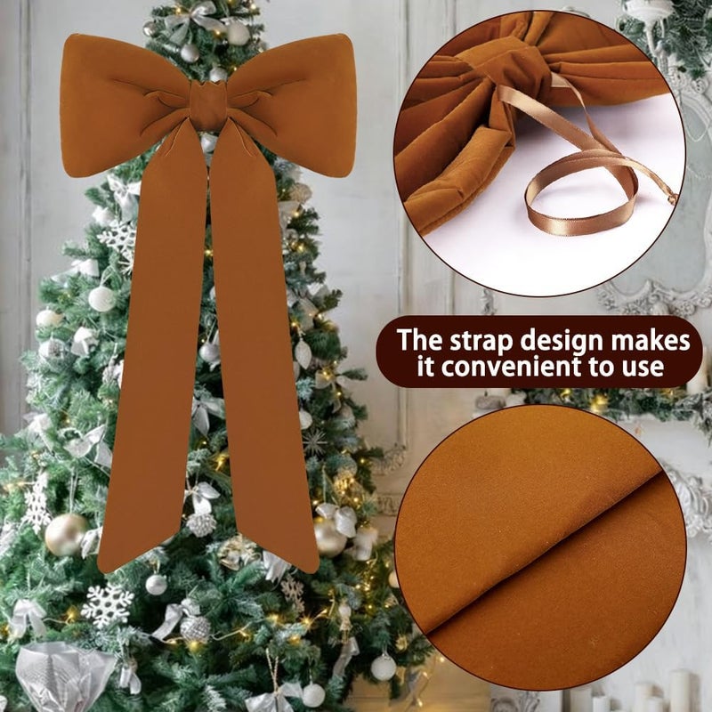 Celltestria Large Christmas Bow Ornament 15x30 Inch Velvet Giant Wreath Bows Xmas Tree Topper Ribbon Hanging Bows for Christmas Holiday Home Wall Outdoor Indoor Party Garland Crafts Decoration(Khaki) - Image 4