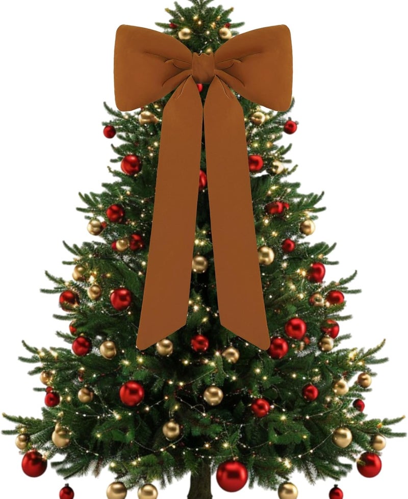 Celltestria Large Christmas Bow Ornament 15x30 Inch Velvet Giant Wreath Bows Xmas Tree Topper Ribbon Hanging Bows for Christmas Holiday Home Wall Outdoor Indoor Party Garland Crafts Decoration(Khaki) - Image 1