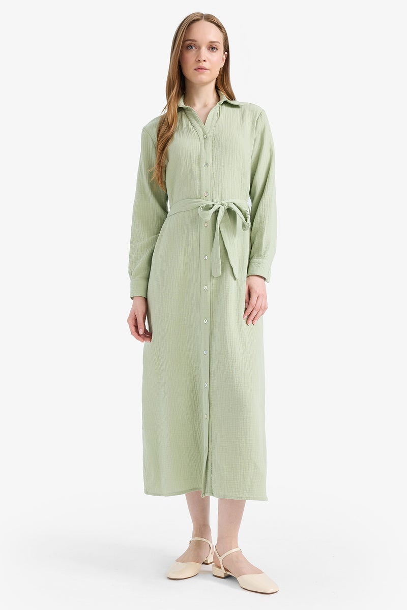 DeFacto Green Woman Shirt Collar Muslin Dress Casual - Image 1