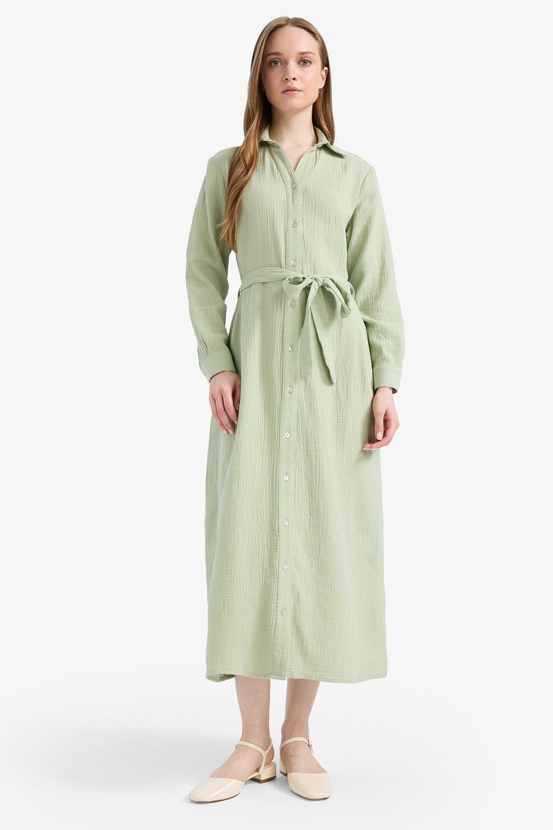 DeFacto Green Woman Shirt Collar Muslin Dress Casual - Image 5