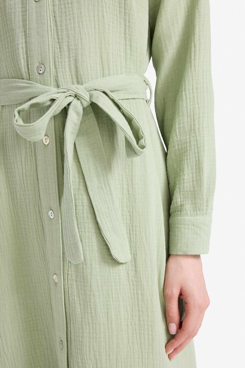 DeFacto Green Woman Shirt Collar Muslin Dress Casual - Image 3