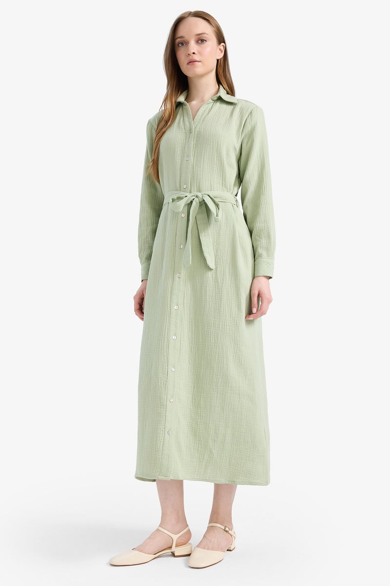 DeFacto Green Woman Shirt Collar Muslin Dress Casual - Image 4
