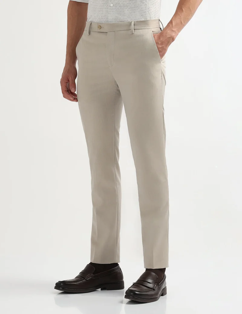 Arrow Beige Textured Super Slim Fit Trousers for Men | Best Price UAE