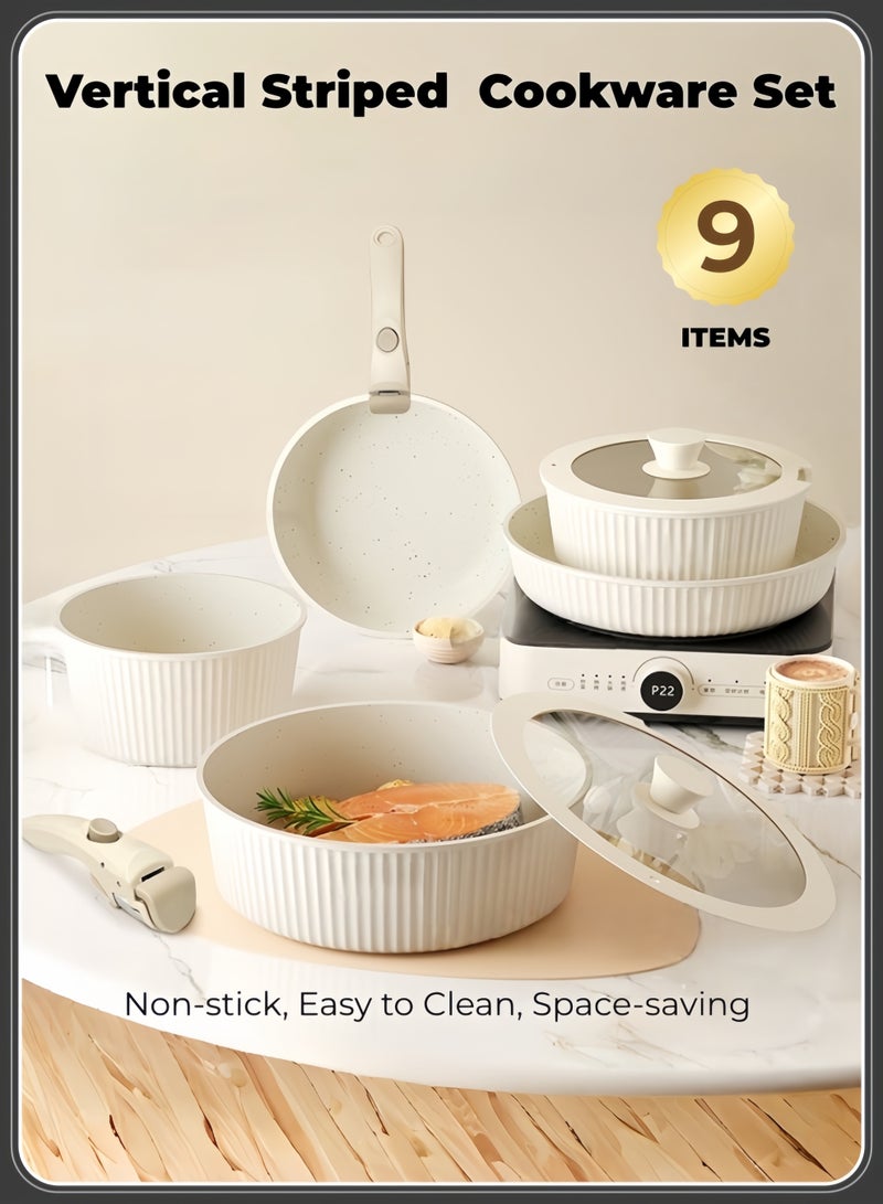 nihao Granite Medical Stone 9-piece Detachable Handles Set Non-stick Cookware Set Pan Frying Pan, Kitchen Utensils,With Stainless Steel Lids, PFOA Free ,LEAD Free ,CADMIUM Free - Beige - Image 1