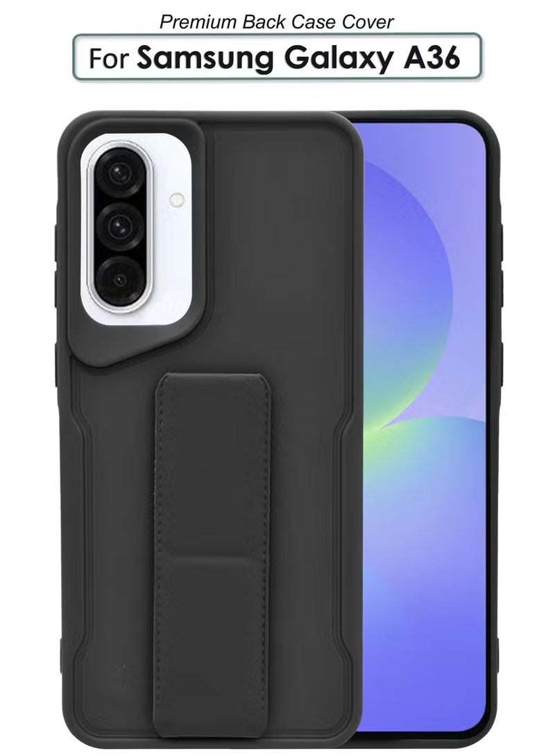 3-in-1 Magnetic Wrist Strap Hand Grip Stand Back Case Cover With Foldable Kickstand & Finger Strap for Samsung Galaxy A36- Black - Image 1