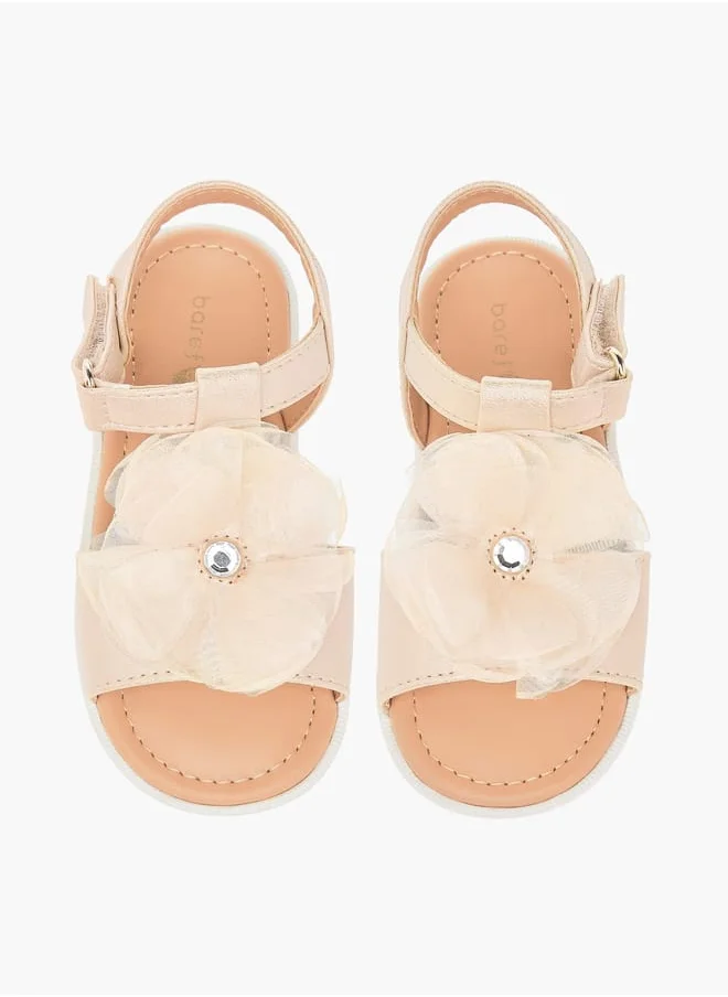 Barefeet Girls Flower Applique Sandals With Hook And Loop Closure