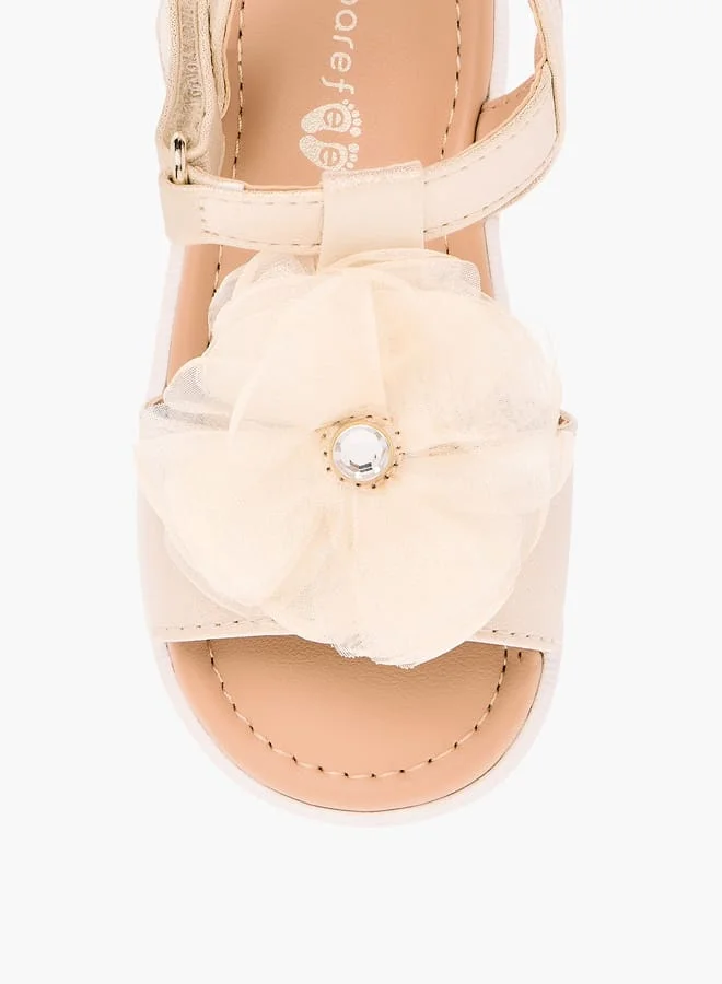 Barefeet Girls Flower Applique Sandals With Hook And Loop Closure