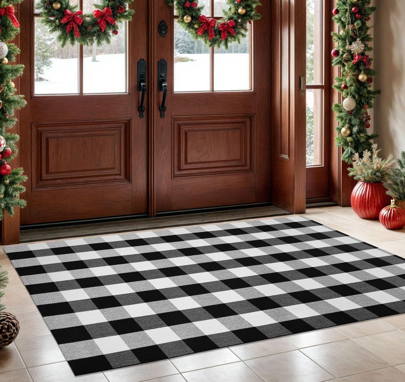 KOZYFLY Buffalo Plaid Area Rug 4 x 6 Ft Black and White Checkered Rug Washable Outdoor Rugs Cotton Rugs for Bedroom Front Door Mat Carpet for Front Porch Living Room Dining Room Kitchen