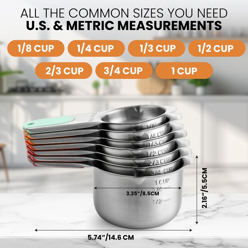 Spring Chef Magnetic Stainless Steel Measuring Cups, Patented, Kitchen Tools with Easy to Read Markings for Measuring Dry or Liquid Ingredients, Set of 7, Desert Sunset - Image 3