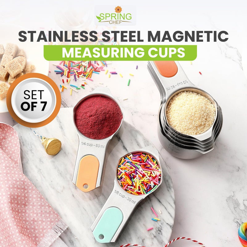 Spring Chef Magnetic Stainless Steel Measuring Cups, Patented, Kitchen Tools with Easy to Read Markings for Measuring Dry or Liquid Ingredients, Set of 7, Desert Sunset - Image 2
