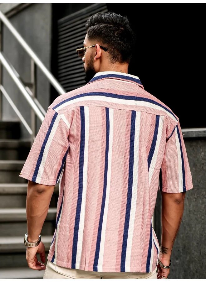 Maniac Mens Roman Stripes 3/4th Sleeve Pink HoneyComb Fabric Shirt